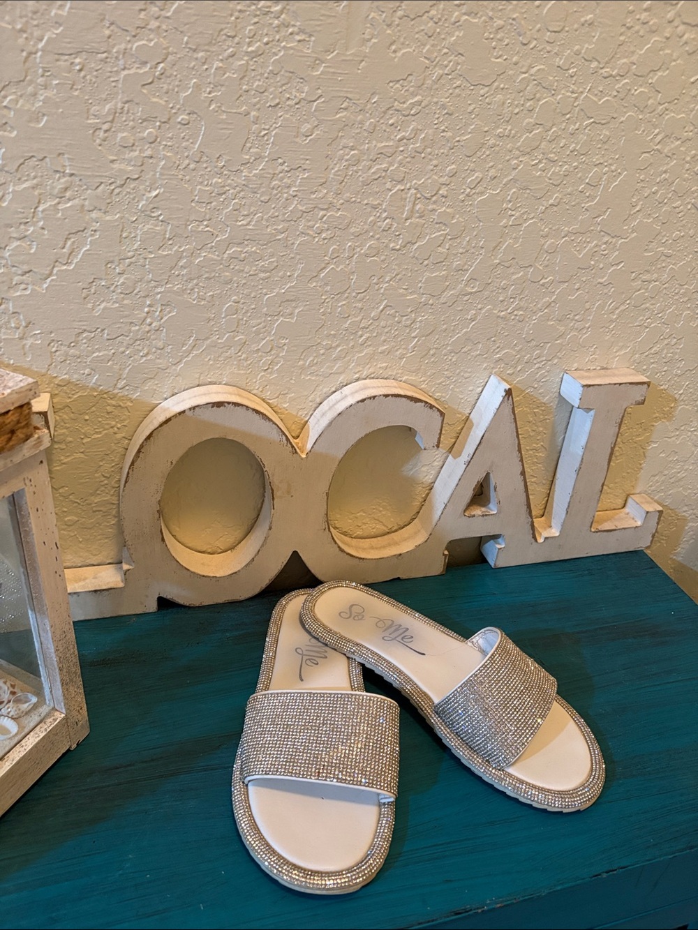 So Me Gold Beaded Slide Sandals